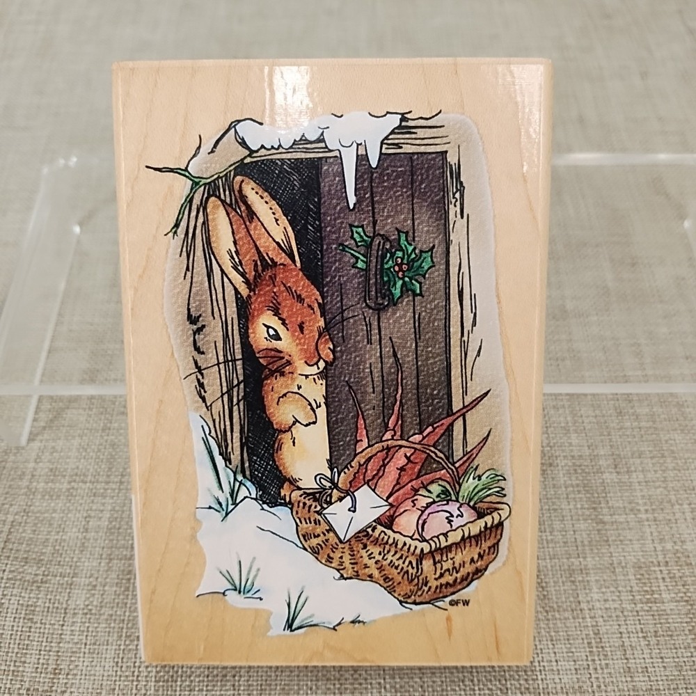 Beatrix Potter Surprise Gift Rubber Stamp RP009 Bunny Basket Carrots Winter